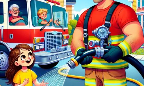 Un pompier, grand et musclé en uniforme rouge, se tient à côté de son camion et montre un tuyau d'eau à Mia, une petite fille de six ans aux cheveux bruns et aux yeux curieux, qui porte un t-shirt jaune et un short bleu. La scène se déroule dans une petite ville ensoleillée avec des maisons colorées et un ciel bleu clair. Le pompier explique à Mia le fonctionnement du tuyau d'eau, et elle est ravie d'apprendre sur le métier de pompier.