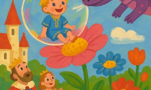 Un petit prince garçon d'environ 6 ans, joyeux, cheveux blonds en bataille, en robe courte bleue brodée, souriant, est assis dans une grande bulle de savon transparente aux reflets irisés; un dragon violet à taches roses, grand mais doux, aux yeux ronds et au museau souriant, souffle délicatement pour poser la bulle sur une immense fleur rose au premier plan; il est à droite, en vol en arrière-plan; le roi d'une quarantaine d'années, en costume rouge et cape, main sur le cœur, se tient en bas à gauche du château et regarde le ciel, surpris mais rassuré; la reine d'une quarantaine d'années, en robe pastel et fine couronne, applaudit doucement à côté de lui sur le balcon; décor: ciel bleu clair avec nuages doux, jardin du château aux fleurs énormes et colorées, château aux tours crème et toits rouges en arrière-plan; ambiance lumineuse, couleurs vives, textures gouache, traits simples et formes rondes, style enfantin.