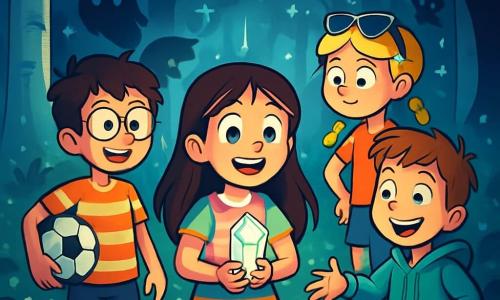 Quatre enfants se trouvent dans une forêt magique : Elise, 10 ans, cheveux bruns, robe colorée, tenant un cristal lumineux ; Max, 11 ans, cheveux en bataille, lunettes rondes, t-shirt à rayures, avec un ballon de football ; Lila, 10 ans, cheveux blonds tressés, lunettes de soleil, short et t-shirt, observant la scène ; Tom, 9 ans, cheveux châtains, sweat à capuche, faisant une blague. Ils découvrent un cristal brillant entouré d'une lumière éclatante, tandis que des ombres menaçantes se dessinent en arrière-plan, créant un contraste entre lumière et obscurité.