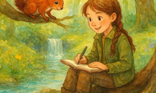 Fille exploratrice d'environ 10–12 ans, visage souriant et concentré, cheveux châtain en tresse, veste kaki et bottes boueuses, perchée sur une grosse racine au bord d'un ruisseau avec un carnet ouvert sur les genoux et une plume prête, regard émerveillé; petit écureuil roux nommé Choupi aux yeux vifs et queue touffue, posé sur la branche au-dessus, penché malicieusement; clairière d'herbe verte mouillée parsemée de fleurs jaunes et violettes et petits galets brillants, arbres aux troncs noueux et une cascade délicate derrière une cavité sombre, lumière dorée filtrant entre les feuilles; ruisseau montant doucement avec éclaboussures subtiles autour des pierres, reflets bleus et verts, atmosphère d'aventure douce et magique en couleurs pastel vibrantes, textures aquarelle visibles, bords légèrement flous et quelques éclaboussures pour le mouvement de l'eau.