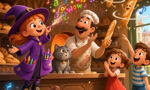Une petite sorcière espiègle en manteau violet aux grandes poches pleines de crayons souffle des mots colorés comme des bonbons depuis son balai court qui fredonne ; son chat Biscotte, rond et doux, regarde des baguettes dansantes sur le comptoir pendant que Monsieur Croc, le boulanger au grand nez et tablier fleuri, tient une baguette virevoltante près du four en briques ; une fillette en robe rouge applaudit près de la vitrine et un petit garçon en t‑shirt rayé rit en pointant une baguette qui tourne ; intérieur chaleureux de boulangerie avec étagères de pains dorés, farine en suspension et soleil filtrant, ambiance lumineuse et joyeuse où les baguettes dansent entourées de lettres et de notes musicales.