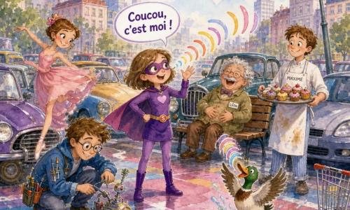 Une super-héroïne souriante et espiègle en costume violet, masque et courte cape, cheveux châtain clair au carré, crie doucement 