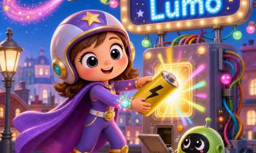 Capitaine Comète, super-héroïne souriante aux yeux brillants et joues roses, porte une cape violette flottante, un casque à étoile dorée, des bottes à roulettes rouges et un bracelet-lumière clignotant ; elle replace une grosse batterie jaune dans un panneau lumineux tandis qu’un petit robot vert rond, timide et curieux, tremble et lui tend une minuscule trappe à ses pieds ; une mini-soucoupe argentée vole au-dessus en laissant une traînée de paillettes roses ; en arrière-plan, le toit d’un immeuble avec un panneau “Bonjour Lumo” en lettres bleues lumineuses, fils colorés et ampoules, et en bas une rue pavée bordée de lampadaires et petits bâtiments colorés ; ambiance joyeuse et sécurisante, couleurs vives pastel, traits arrondis et expressions mignonnes.