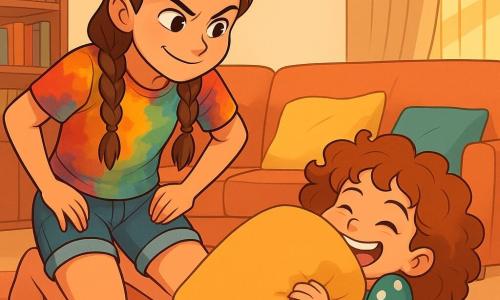 Léonie, une fille de 12 ans aux longs cheveux bruns tressés, porte un t-shirt coloré et un short en jean. Elle sourit malicieusement, accroupie avec les mains sur les hanches, en observant sa petite sœur Zoé, 7 ans, qui est allongée par terre, cachée derrière un coussin moelleux, avec un sourire espiègle. Le salon est chaleureux, avec un grand canapé, des coussins colorés et un coin lecture. Léonie et Zoé jouent ensemble, Léonie défiant Zoé de rendre le coussin, tandis que Zoé fait des grimaces et rit joyeusement.