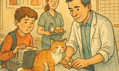 Un vétérinaire au visage bienveillant et concentré, cheveux courts noirs avec mèches grises, manches retroussées, tient délicatement la patte d’une chatte orange et blanche boitillante sur une table d’examen métallique; un garçon d’environ 12 ans, cheveux châtains et sac à dos en bandoulière, inquiet mais soulagé, tient la caisse de transport ouverte à gauche; une auxiliaire dans la trentaine, cheveux attachés, tient une bouillotte tiède et des pansements sur un plateau derrière le vétérinaire. La salle de consultation est lumineuse et chaleureuse, murs pastel avec affiches d’animaux, étagère de boîtes et flacons, balance et grand tableau de rendez‑vous. Scène calme et rassurante centrée sur les regards et les mains, gestes précis, stéthoscope posé sur la table, lumière douce d’une lampe suspendue; style traits d’encre nets et lavis aquarelle chaud, palette ocre, vert sauge, bleu‑gris et orange.