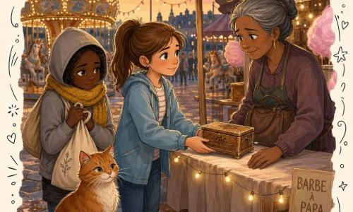 Lina, 12 ans, cheveux châtains en queue de cheval et veste bleue, pose délicatement une petite boîte à musique en bois vieilli sur la table ; Zoé, aussi ~12 ans, timide, capuche grise et grosse écharpe jaune, serre un sac en toile à côté d’elle ; Madame Vignal, ~45 ans, cheveux gris attachés, se tient derrière le stand, émue et soulagée, prête à reprendre la boîte ; un chat roux au poil brillant avec une entaille à l’oreille est assis au premier plan, observant la scène ; lieu : place de fête au crépuscule avec manège, guirlandes lumineuses, stands de crêpes et barbe à papa, sol pavé taché de caramel — ambiance chaleureuse, tension résolue, détails tactiles (bois, tissu, caramel).