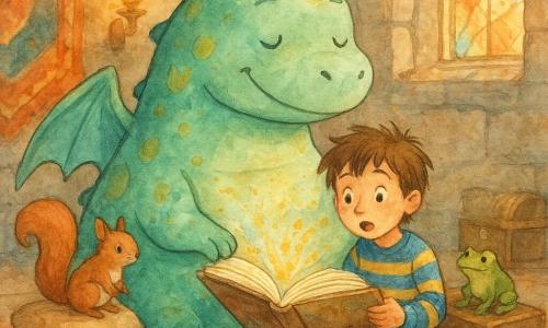Un grand dragon rond et doux, émeraude pâle tacheté d'or, sourit paisiblement les yeux mi-clos; ses écailles sont en larges lavis d'aquarelle, cornes ivoire courtes et ailes repliées; il tient un gros livre ouvert sur son ventre rebondi. Un garçon d'environ 7 ans, Timothée, cheveux bruns en bataille, bouche entrouverte d'émerveillement, est assis contre son flanc en train de feuilleter le livre; il porte un pull rayé bleu et jaune, shorts kaki et petites bottines boueuses. Autour d'eux, un écureuil roux et une petite grenouille verte, perchés sur des coussins et vieux coffres, écoutent. La scène se déroule dans une grande salle de château chaleureuse aux murs en pierre lavés à l'aquarelle, tapisseries colorées, lampes à huile orangées et rayons traversant une haute fenêtre à vitraux; ambiance cosy et magique, textures aquarelle avec touches dorées et éclaboussures suggérant des étincelles d'imagination; composition centrée, perspective légèrement en plongée.
