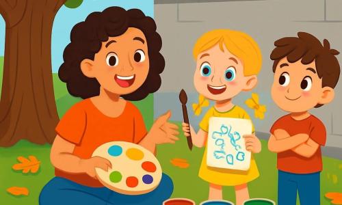 Anaïs, une femme joyeuse aux cheveux bouclés et aux yeux pétillants, est assise sur le sol, entourée de pots de peinture. Elle sourit, tenant une palette colorée, prête à guider les enfants dans leur création artistique. Lila, une petite fille de 7 ans aux tresses dorées, est à côté d'elle, excitée avec un pinceau et une feuille de papier. Maxime, un garçon de 6 ans aux cheveux bruns en bataille, observe attentivement, prêt à se lancer. La scène se déroule sous un vieux marronnier, avec des feuilles colorées et des dessins au sol, et un mur gris du parc attend d'être transformé en œuvre d'art. Anaïs explique aux enfants comment donner vie à leurs idées, et ensemble, ils s'apprêtent à peindre une fresque pleine de couleurs et de magie.
