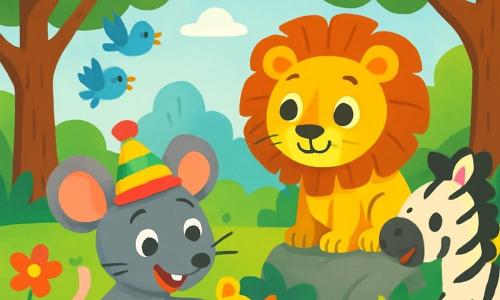 Un petit rat malin nommé Rémy porte un chapeau coloré et sourit joyeusement. Avec son pelage gris et ses yeux curieux, il découvre une cloche cachée sous des feuilles. À côté, Léon, un lion aux crins dorés, l'observe amusé, assis sur un rocher. Plus loin, Zoé, une zèbre aux rayures éclatantes, s'approche en sautillant, excitée. La scène se déroule dans une forêt enchantée avec des arbres majestueux, des fleurs colorées dansant au vent et un rayon de soleil filtrant à travers les branches. Rémy et ses amis découvrent la cloche dorée entourée de feuilles multicolores, tandis que des oiseaux chantent joyeusement.