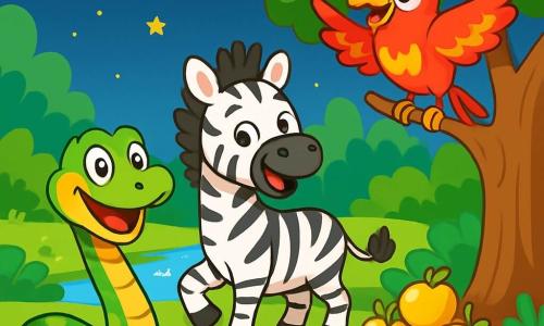 Un serpent nommé Rocky, aux écailles vertes et jaunes brillantes, glisse joyeusement sur le sol avec un grand sourire. Ses yeux pétillent d'excitation en explorant le ruisseau à la recherche de pommes dorées. À ses côtés, Timmy le zèbre, avec ses rayures noires et blanches, trottine curieusement. Dodo le perroquet, aux plumes rouges et jaunes, est perché sur une branche, chantant gaiement. Le décor est un ruisseau scintillant, entouré d'arbres aux feuilles luxuriantes, sous un ciel étoilé. Rocky et ses amis découvrent une pile de pommes dorées cachées sous un grand arbre, remplis de joie pour leur fête à venir.
