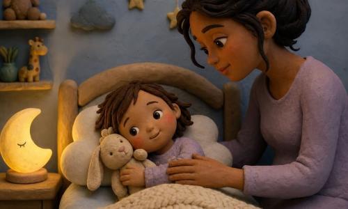 Fille de 2 ans au visage rond et joues roses, cheveux bruns courts, sourire léger, serrant un doudou lapin crème contre sa joue, allongée sur le lit; sa mère d'environ 32 ans, cheveux attachés en chignon et regard tendre, assise au bord du lit la main sur son ventre et chuchotant; chambre petite et chaleureuse avec mur bleu pâle, veilleuse en forme de lune émettant une lueur jaune, couverture crème, coussin nuage blanc, étagère avec quelques livres et une peluche; ambiance tamisée et sereine au coucher.