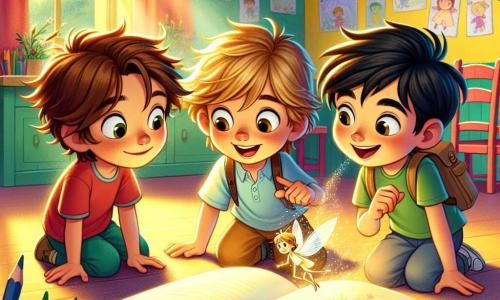 Trois garçons de trois ans, Léo, Max et Tom, se tiennent dans une salle de classe colorée. Léo, avec des cheveux bruns et un t-shirt rouge, regarde un livre de contes tombé par terre. Max, aux cheveux blonds et en t-shirt bleu, pointe une petite fée scintillante dans un coin. Tom, avec des cheveux noirs et un t-shirt vert, se penche pour ouvrir le livre, souriant. La salle, aux murs jaunes, est décorée de dessins et baignée de lumière douce. Les amis découvrent un livre de contes émettant une lumière douce, tandis qu'une fée les invite à explorer le monde des histoires.