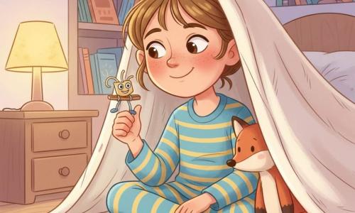 Fille de 10 ans concentrée et souriante, yeux pétillants, joues roses, cheveux châtain clair en couette désordonnée, en pyjama rayé bleu et jaune, assise sous une couette blanche formant une tente, tenant le pouce levé où repose un petit bricolage en ficelle, trombone souriant et pince à linge (le 