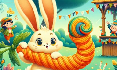 Un lapin curieux nommé Filou, au pelage crème et aux grandes oreilles, tire une carotte élastique orange vif du sol, affichant un sourire émerveillé. À proximité, un escargot avec un chapeau de paille et un regard malicieux observe la scène, tandis qu'un lutin en veste à carreaux applaudit près d'un kiosque décoré. La prairie ensoleillée, ornée de fleurs éclatantes et d'arbres dansants, sert de toile de fond à cette scène magique où Filou, prêt à explorer, est encouragé par les autres personnages.
