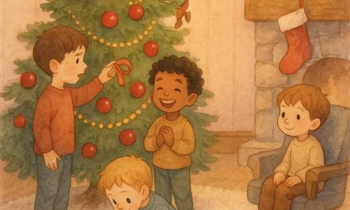Cinq personnages dans un salon de Noël chaleureux : quatre garçons — Léo (8 ans, cheveux bruns courts, yeux curieux, debout à gauche du sapin pointant un ruban rouge), Sami (8 ans, cheveux noirs bouclés, grand sourire, mains jointes, devant le sapin), Hugo (8 ans, blond, accroupi à l’avant en jouant avec une petite voiture rouge, regard vers le ruban) et Noé (7 ans, petit, châtain clair, assis sur un petit fauteuil à roulettes à droite, regard tendre) — et un petit lutin espiègle à peau verte pâle et chapeau pointu rouge, caché derrière une guirlande sur la branche supérieure, tendant une main pour accrocher une petite étoile dorée ; décor : cheminée en pierre avec chaussette, tapis crème, plinthes en bois, sapin chargé de boules rouges et guirlandes dorées, lumière jaune-rosée et guirlandes lumineuses, petite table avec boîte de biscuits et boîte-cadeau brune prête à être emballée ; situation : les garçons découvrent émerveillés un ruban rouge enroulé autour du sapin et regardent le lutin tandis qu’un morceau du ruban est préparé pour faire un nœud sur la boîte-cadeau, ambiance douce aux couleurs pastel et traits aquarelle.