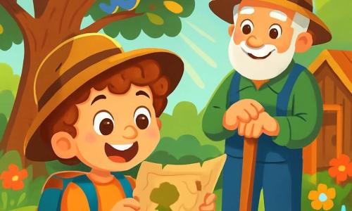 Léo, un petit garçon de 6 ans aux cheveux bouclés et aux yeux pétillants, sourit en tenant une vieille carte au trésor. Il porte un chapeau d'aventurier et un sac à dos coloré, devant un grand arbre aux branches étalées, entouré de feuilles vertes et dorées. Un vieux jardinier d'environ 60 ans, avec une barbe blanche et un sourire bienveillant, observe Léo, tenant une pelle en bois, près d'une cabane en bois entourée de fleurs éclatantes. Le parc est ensoleillé, avec un ciel bleu clair et des rayons de soleil filtrant à travers les arbres. Léo, excité, est prêt à partir à l'aventure pour trouver le trésor caché, tandis que le jardinier sourit, conscient de l'aventure qui l'attend.