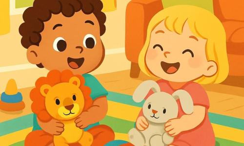 Un petit garçon de 2 ans, avec des cheveux bouclés et des yeux pétillants, sourit en jouant avec sa peluche, un lion nommé Léon. À côté de lui, une petite fille de 2 ans, avec des cheveux blonds et une robe rose, rit en tenant son doudou, un lapin. Ils sont assis sur une couverture colorée dans un salon lumineux, rempli de jouets et de coussins. La lumière du soleil entre par la fenêtre, illuminant la pièce. Les deux enfants s'amusent à faire rouler une balle, riant ensemble, leurs visages rayonnants de bonheur.