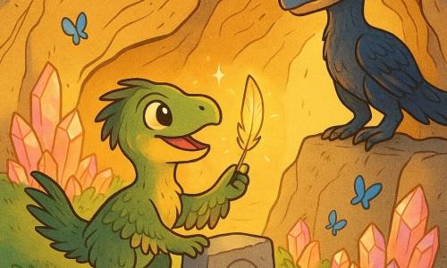 Piko, jeune vélociraptor courageux aux plumes vert-olive nuancées d'or, pose une patte sur une stèle gravée et tient une plume scintillante, tandis que Karo, grand chef aux plumes irisées bleu nuit et cuivre, sourit bienveillant depuis une corniche ; un petit ptérodactyle bleu transporte une autre plume au-dessus de l'entrée d'une grotte montagneuse aux roches striées d'or, cristaux roses et dorés, tapis de mousse verte et papillons bleus ; Piko sort baigné d'une lumière dorée, la plume portée par la brise, dans une atmosphère chaleureuse, rassurante et aventureuse, style bande dessinée aux traits doux, couleurs chaudes, textures plumage et pierre détaillées et éclairage matinal doré.