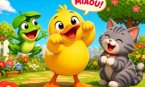 Un canard rond jaune vif au bec orange sourit, debout sur ses pattes palmées en imitant un chat en faisant « miaou »; à sa gauche une petite grenouille verte émeraude souriante saute en battant des pattes, à sa droite un chat gris rayé et fluffy est assis en riant; la scène se déroule dans un jardin ensoleillé aux couleurs saturées (herbe verte, fleurs rouges et bleues, petit arbre, chemin de pierres jaunes, ciel bleu), les trois amis forment un cercle au centre, expressions exagérées et ambiance joyeuse et ludique.