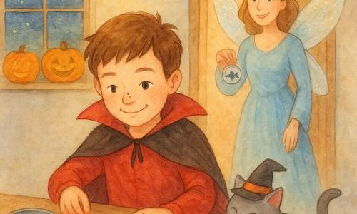 Un garçon de 8 ans, Léo, souriant et concentré, cheveux châtain courts et deux petits points noirs sur le nez, porte une cape de vampire rouge froissée et trie des bonbons colorés dans cinq bols alignés, plaçant un seul bonbon bleu dans un petit verre séparé ; une femme déguisée en fée, ailes scintillantes et sourire doux, lui rend un badge rond argenté marqué d'une chauve-souris depuis la porte entrouverte ; un chat gris malicieux, avec un minuscule chapeau de sorcier incliné, se frotte à la jambe de Léo ; la scène se déroule le soir dans une cuisine chaleureuse éclairée par une lampe jaune, avec une guirlande de lumières en forme de bonbons et des citrouilles sur le rebord, rendu aquarelle doux aux couleurs vives mais pastel, traits délicats et contours légèrement flous.