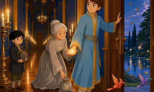 Un jeune prince d'environ 12 ans, visage doux, cheveux châtain courts, en robe bleu pâle bordée d'or et pieds nus, maintient fermement une lourde porte en bois contre un vent léger ; dans une main il protège une petite flamme tremblante posée sur un chandelier, expression calme et bienveillante. Juste derrière lui, une vieille couturière des étoiles d'environ 70 ans, cheveux blancs en chignon, robe gris perle et aiguilles d'argent à la ceinture, dépose un sachet de fil d'argent sur le seuil en souriant paisiblement. À gauche, un garçon d'environ 8 ans aux cheveux noirs et au manteau simple tient un petit chapeau musical sous le bras et regarde timidement le prince près d'un chandelier. Trois oiseaux de papier colorés voletent au-dessus du sol vers l'ouverture de la porte. Lieu : un long couloir de palais en bois poli, murs bleu crépusculaire ornés de colonnes dorées, grands chandeliers suspendus et rangées de bougies chaudes ; la porte donne sur un jardin aux reflets d'eau et aux feuilles emportées par le vent. Ambiance : calme protecteur, bougies vacillantes mais allumées, contrastes de couleurs chaudes (ambre, or) et de bleu crépusculaire.
