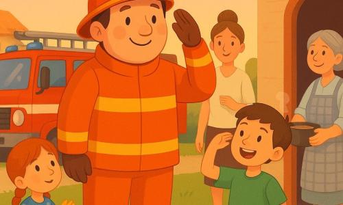 Un pompier grand et souriant en casque jaune-rouge et veste orange réfléchissante salue de la main droite des enfants ; à gauche, une fille d'environ 7 ans aux tresses roux-écarlates en robe à pois bleus tient un petit gant, à l'avant-droit un garçon d'environ 8 ans aux cheveux bruns en t-shirt vert imite la pose en riant, une maîtresse d'environ 30 ans aux cheveux châtain en chignon et blouse claire tient une feuille et sourit en arrière-plan, Madame Leroux, femme âgée au chignon gris en tablier à carreaux, porte une petite marmite fumante près d'une porte de caserne stylisée à droite, un grand camion de pompiers rouge avec échelle et bande réfléchissante est garé en retrait, sur une pelouse d'école avec bancs, maisons au toit orange en arrière-plan et un ciel du soir rosé qui crée une ambiance chaleureuse et des reflets brillants sur le casque et le camion.
