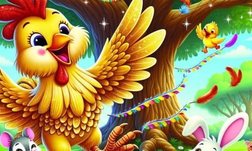 Un coq nommé Coco, avec des plumes dorées et un grand sourire, se tient au centre, battant des ailes. À ses côtés, une petite souris nommée Mimi, avec un pelage gris, admire Coco en tenant une plume colorée. En arrière-plan, un canard nommé Dudu nage joyeusement dans une mare, tandis qu'un lapin nommé Léo grignote une carotte sur l'herbe. La scène se déroule sous un vieux chêne majestueux, créant une atmosphère festive. Coco chante pour célébrer la fête des plumes, entouré de ses amis et d'animaux dansant et s'amusant.