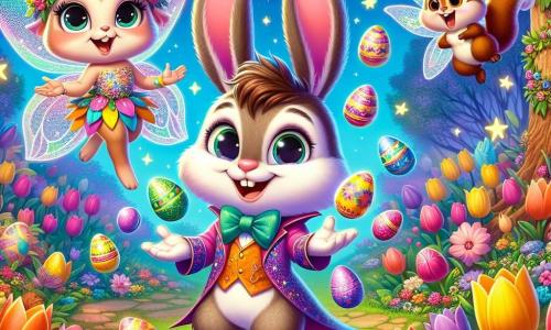 Pipo, un lapin magicien aux grandes oreilles et à la fourrure multicolore, jongle joyeusement avec des œufs en chocolat colorés, affichant un large sourire espiègle. À ses côtés, Lila, une petite fée des fleurs avec des ailes scintillantes, vole en faisant éclore des fleurs luminescentes. Max, un écureuil espiègle au pelage brun, se tient sur une branche, riant tout en tenant une carotte. Le décor est un jardin enchanté rempli de fleurs éclatantes et d'arbres majestueux, avec des lanternes étoilées illuminant le ciel. La scène représente une chasse aux œufs de Pâques joyeuse et magique, pleine de rires et de surprises.