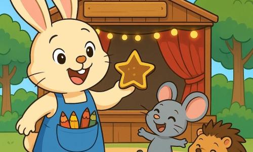 Léo le lapin, avec son pelage crème et son tablier bleu rempli de crayons, sourit joyeusement en tenant une part de gâteau en forme d'étoile à partager. Mila la souris, vive et malicieuse, saute de joie à ses côtés. Oscar le hérisson, assis sur le sol, rit en se frottant le ventre, entouré de confettis. La scène se déroule devant le comptoir d'un théâtre en bois, décoré de guirlandes lumineuses et de rideaux rouges, sous un ciel bleu avec des arbres verdoyants en arrière-plan. Les amis célèbrent leur mini-spectacle dans une ambiance festive.