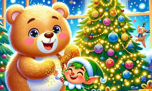 Petit Ourson, un ourson en peluche doux et rond, avec un pelage brun clair et des yeux pétillants, rit en tenant une guirlande scintillante. Le Lutin Farceur, un petit lutin aux cheveux verts en désordre et aux oreilles pointues, lance des confettis dorés en sautant autour du sapin. Le sapin de Noël, majestueux et décoré de boules colorées et de guirlandes brillantes, se dresse au centre d'une pièce chaleureuse, avec des lumières scintillantes et des flocons de neige visibles à travers la fenêtre. Dans cette scène joyeuse, Petit Ourson et le Lutin Farceur s'amusent à décorer le sapin, remplissant l'air de rires et de magie festive.