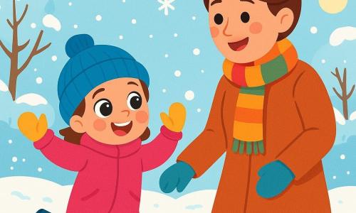 Lila, une petite fille de 4 ans aux grands yeux brillants et joues roses, saute dans la neige vêtue d'une combinaison rose vif, d'un bonnet bleu et de gants jaunes, affichant un sourire joyeux. À ses côtés, sa maman d'environ 30 ans, avec des cheveux bruns en chignon, sourit en tenant sa main, habillée d'un manteau chaud et d'une écharpe colorée. La scène se déroule dans un jardin d'hiver recouvert de neige, avec des flocons tombant doucement et un faible soleil illuminant le paysage. Lila s'amuse à faire des bonhommes de neige et à lancer des boules de neige, tandis que sa maman l'encourage en riant.