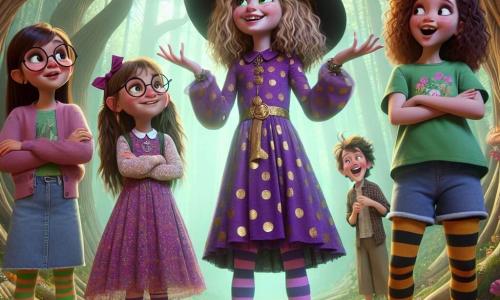 Dans une forêt enchantée, quatre amies se tiennent au centre de la scène. Lila, 10 ans, aux cheveux bouclés et dorés, porte une robe violette à pois et un chapeau de sorcière, souriant malicieusement. À sa gauche, Clara, 10 ans, avec des lunettes rondes et des cheveux bruns tressés, en t-shirt vert et short en jean, semble perplexe mais amusée. À droite, Émilie, 9 ans, avec des cheveux raides châtains, imite un dragon en robe rose et collants rayés. Enfin, Zoé, 10 ans, aux cheveux frisés noirs, rit en jupe colorée et t-shirt fleuri. Le décor est une forêt magique avec des arbres en spirale et des feuilles multicolores, entourée de fleurs géantes. Les amies découvrent un petit Gloubiboulga vert, inquiet dans une boîte en bois, tandis qu'elles se penchent vers lui, prêtes à l'écouter et à l'aider.