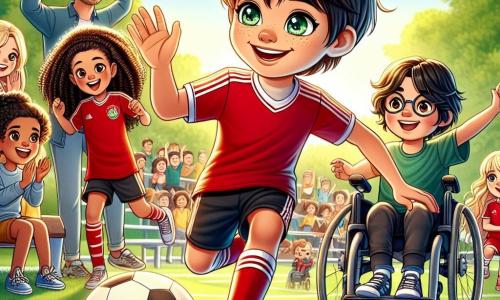 Célestin, un garçon de dix ans aux cheveux châtains et aux yeux pétillants, dribble un ballon de football avec un grand sourire. À sa droite, Lola, en maillot rouge et short noir, l'encourage, tandis qu'à gauche, Maxime, en lunettes, est prêt à passer le ballon, avec Nina, concentrée derrière lui. Malik, en fauteuil roulant, sourit et tient un ballon adapté. Le terrain est verdoyant, entouré d'arbres sous un ciel bleu, avec des spectateurs applaudissant. Célestin est en pleine action, illustrant l'esprit d'équipe et la joie de jouer ensemble.