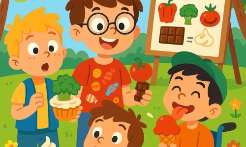 Quatre enfants sont présents : Tom, 8 ans, avec des cheveux bruns en bataille et des lunettes rondes, porte un t-shirt rouge avec des bonbons et sourit en tenant un bonbon au chocolat. Léo, 7 ans, avec des cheveux blonds et des taches de rousseur, est à gauche de Tom, portant un gilet bleu et tenant un gâteau au brocoli, surpris. Sam, 8 ans, avec des cheveux noirs et une casquette verte, est à droite de Tom, tirant la langue en goûtant une glace à la tomate. Nathan, 9 ans, en fauteuil roulant, a des cheveux châtains et sourit en tenant une cuillère de crème chantilly. Ils se trouvent dans un parc ensoleillé avec des fleurs et des arbres. Les enfants relèvent un défi de goûts étranges, goûtant des plats bizarres avec des expressions amusantes, entourés de bonbons, gâteaux et glaces colorés.