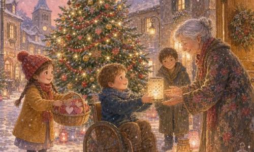 Quatre personnages au crépuscule sur la place enneigée d’un village autour d’un grand sapin décoré : Lila, 5 ans, cheveux bruns en nattes, bonnet rouge et manteau moutarde, tient un panier de cœurs en papier et tend un cœur ; Tom, 5 ans, cheveux châtain courts, écharpe bleue, en fauteuil roulant en bois, allume un lampion pailleté diffusant une lumière douce ; Nadine, environ 75 ans, cheveux gris en chignon, manteau à fleurs, se tient près d’une porte entrouverte et reçoit le lampion avec les mains tremblantes mais rayonnantes ; un petit voyageur de 7 ans, manteau trop grand et regard timide, se tient en retrait et esquisse un sourire en regardant le lampion. Autour d’eux, la grande place pavée, maisons en pierre aux toits enneigés et fenêtres éclairées, lampadaires en fer forgé, traces de pas et une dizaine de lampions colorés posés au sol et sur les marches créent une atmosphère chaleureuse et rassembleuse sous une fine neige.
