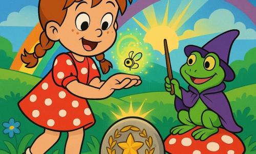 Lila, 6 ans, visage rond à taches de rousseur, cheveux châtain en deux nattes, robe rouge à pois blancs et baskets, tient une luciole vert-jaune scintillante qui tournoie et s'illumine ; à côté d'elle, une petite grenouille magicienne verte en manteau violet, tenant une baguette‑brindille, est assise sur un champignon rouge à pois blancs avec un sourire complice ; elles sont sur la colline de l'Arc‑en‑Ciel couverte de fleurs saturées et d'herbe ondulée, devant une pierre ronde gravée d'une étoile dorée au centre d'un cercle floral, tandis qu'un grand arc‑en‑ciel brille dans un ciel pastel où les nuages s'écartent sous un rayon doré ; Lila pose la luciole sur la pierre magique, qui explose en pluie d'étincelles colorées allumant l'arc‑en‑ciel et chassant les nuages, scène dynamique et lumineuse inspirée du style cartoon des années 90.