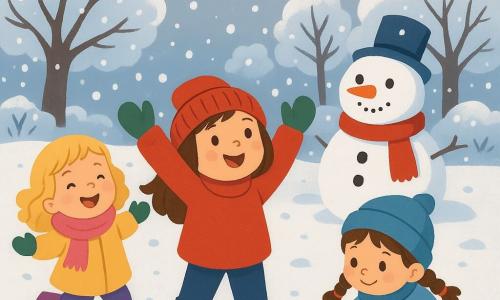 Quatre enfants jouent dans un jardin d'hiver recouvert de neige. Lina, 2 ans, se tient au centre, émerveillée par la neige, portant un gros pull rouge et un bonnet. Mila, également 2 ans, est à gauche, sautant dans la neige avec une écharpe rose et des bottes violettes. Zoé, à droite, ramasse de la neige pour faire une boule, vêtue d'un manteau bleu et d'un bonnet à pompon. Sara, derrière Mila, rit en regardant le bonhomme de neige qu'elles ont construit, en combinaison jaune et gants verts. Le ciel est gris et nuageux, et une maison chaleureuse est visible au fond. Les enfants rient et s'amusent, créant une ambiance joyeuse.