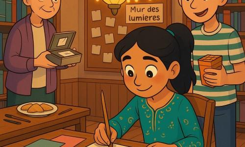 Amina, 12 ans, sourit timide et fière, cheveux en queue de cheval, assise à une table en bois en train d’écrire son prénom à la calligraphie avec un calame et de l’encre noire (une goutte formant une petite tache), Malik, 13 ans et frère, debout derrière la chaise à droite en t‑shirt rayé, regard taquin et bienveillant, tenant un paquet de biscuits, et Madame Renard, ~70 ans, cheveux blancs en chignon et cardigan violet, à gauche tenant une petite boîte en métal ouverte contenant une carte calligraphiée, dans une petite bibliothèque de quartier le soir aux lampes en verre chaud; ambiance chaleureuse et intime d’un atelier d’écriture communautaire pendant le Ramadan, murs tapissés de livres, table avec papiers colorés, guirlandes de petites lumières et panneau « Mur des lumières » couvert de mots, sol en bois brillant, détails visibles : taches d’encre, calames, une assiette de briouates sur une table voisine et le mur rempli de petits messages; style graphique : couleurs chaudes, lignes nettes, traits doux, expressions exagérées et amicales, composition centrée sur Amina et le mur lumineux.