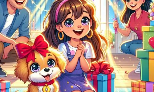 Une petite fille de 8 ans, Léa, avec de longs cheveux bruns et des yeux pétillants, sourit en découvrant un chiot au pelage doré avec un ruban rouge. Elle est agenouillée sur le sol, entourée de cadeaux colorés et d'un livre sur les animaux. Ses parents, une femme de 35 ans et un homme de 36 ans, se tiennent derrière elle, prêts à célébrer. La mère tient une boîte de chocolats et le père regarde Léa avec fierté. La scène se déroule dans un salon lumineux, décoré de ballons et de guirlandes, avec un grand gâteau d'anniversaire sur la table. Léa, émerveillée, découvre son cadeau surprise : le chiot qu'elle a toujours voulu.
