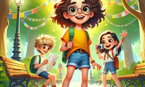 Lina, une fille de 12 ans aux cheveux châtains bouclés et lunettes rondes, se tient au centre de l'image, portant un t-shirt jaune et un short en jean, avec une expression joyeuse. À ses côtés, Milo, un garçon de 11 ans en baskets orange, examine une carte, tandis que Zoé, 12 ans, prend des photos avec son téléphone, souriante. Ils se trouvent dans un square verdoyant avec des platanes, des bancs en bois et des guirlandes colorées. La scène montre le trio en pleine enquête, cherchant des indices dans une ambiance festive et amicale.