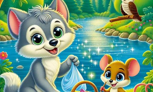 Un petit loup nommé Loupy, avec un pelage gris et des yeux curieux, se tient au bord d'une rivière scintillante, souriant et tenant un panier rempli de déchets colorés. À ses côtés, une petite souris brune ramasse un sachet en plastique avec détermination. Un hibou aux plumes marron, perché sur une branche, observe la scène avec bienveillance. Dans une forêt verdoyante entourée d'arbres majestueux et de fleurs colorées, Loupy et ses amis nettoient la rivière pour protéger leur environnement tout en partageant des rires.