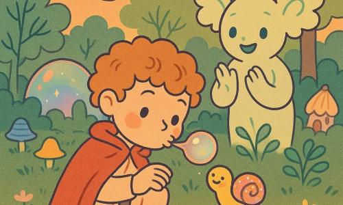 Prince Milo, garçon d'environ 7 ans au visage souriant et joues roses, cheveux bouclés caramel, porte une cape rouge trop longue et des bottes marron; il s'agenouille et souffle doucement sur une bulle collée à la joue d'un petit escargot doré et rose pour le faire rire; derrière lui Zuzu, créature gardienne aux grandes oreilles en forme de chou-fleur et yeux vert pâle, applaudit en agitant des feuilles; l'escargot minuscule flotte au-dessus du sol sur sa maison-bulle en souriant; autour, des chapeaux colorés tourbillonnent en cercle; la scène se passe dans une clairière au crépuscule sous un grand dôme de verre reflétant arcs-en-ciel et paillettes, herbe et fleurs luminescentes, arbres à feuilles en éventail et petites maisons aux toits en coquillage; ambiance tendre et drôle, couleurs chaudes et traits arrondis, textures de tissu et de verre scintillant.
