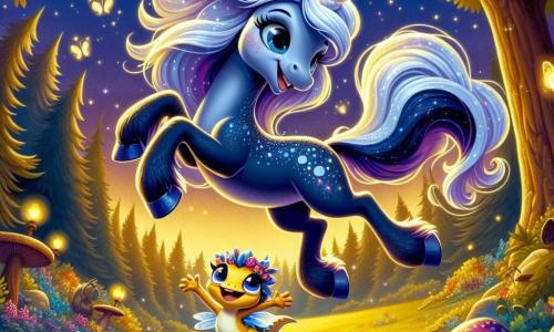 Noctille, une jeune licorne au pelage bleu nuit scintillant et à la crinière argentée, vole gracieusement dans les airs, son visage rayonnant de confiance et de joie. Ses grands yeux brillants reflètent l'excitation alors qu'elle exécute une pirouette au-dessus d'une clairière enchantée. À proximité, Piponne, une petite salamandre aux écailles dorées, saute sur un champignon, admirant son amie et l'encourageant avec un sourire. La scène se déroule dans une clairière magique, entourée d'arbres majestueux aux feuilles dorées, éclairée par la douce lumière de la lune et parsemée de fleurs colorées. Des lucioles dansent autour, ajoutant une touche féerique. Noctille, pleine de courage, se sent libre et épanouie, prête à conquérir ses peurs.