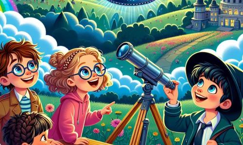 Quatre enfants émerveillés se tiennent ensemble : Lucas, 10 ans, avec des lunettes et des cheveux châtains, sourit en regardant le ciel ; Emma, 9 ans, aux cheveux blonds et bouclés, pointe vers une soucoupe volante ; Max, 11 ans en fauteuil roulant, sourit en tenant un carnet de croquis ; et Chloé, 10 ans, avec des cheveux noirs et une tresse, observe à travers un télescope. En arrière-plan, la colline de l’Observatoire est couverte de fleurs et d’herbe, sous un ciel étoilé et des nuages en forme de créatures fantastiques. Une soucoupe volante brillante flotte au-dessus d'eux, ajoutant une touche de magie. Les enfants découvrent un vaisseau extraterrestre, excités à l'idée de rencontrer Zylor, l'extraterrestre amical à l'intérieur.