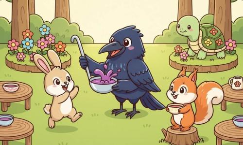 Câline le corbeau noir aux reflets bleus sert avec fierté une soupe violette d’une louche argentée tandis que Loulou le petit lapin beige applaudit joyeusement à gauche, Mimi l’écureuil roux attend avec un bol sur une souche à droite, et Madame Tortue sourit près d’un parterre de fleurs ; la clairière herbeuse est décorée de fanions, petites tables et champignons pour une fête enfantine aux couleurs vives, formes rondes et composition claire.