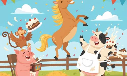 Pépito le cheval espiègle, crinière dorée, saute pour attraper un gâteau volant; Gertrude la vache ronde en tablier farineux rit en renversant une table; Gaston le cochon potelé, crème au museau, tient une boîte à musique; Poupette la poule rousse bat des ailes sur une chaise; Zouzou le petit singe perché sur Gaston menace de lancer un énorme gâteau; le tout dans une ferme colorée avec herbe verte, tas de foin, banderoles et ciel bleu — fête chaotique et joyeuse de gâteaux, crème et confettis.