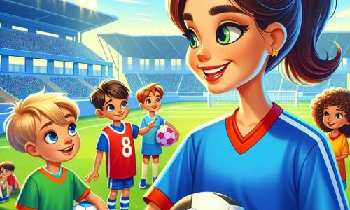 Zoé, footballeuse professionnelle, se tient sur le terrain de football, cheveux bruns en queue de cheval, maillot bleu vif et short noir. Bien qu'elle sourie chaleureusement, ses yeux révèlent une légère tristesse après la défaite. Elle est entourée d'enfants de 8 à 10 ans avec des ballons colorés. Un garçon blond en maillot rouge lève son ballon en souriant, tandis qu'une fille aux cheveux bouclés en maillot vert l'écoute avec admiration. Le stade est grand, avec des gradins vides et un ciel bleu éclatant. L'herbe est verte et le soleil brille, créant une ambiance joyeuse malgré la défaite. Zoé parle aux enfants de l'importance du travail d'équipe et du plaisir de jouer au football, tout en signant des maillots avec un grand sourire.
