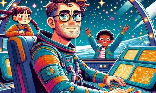 Monsieur Léo, un homme d'une trentaine d'années avec des cheveux ébouriffés et des lunettes rondes, est assis dans son vaisseau spatial, les yeux brillants d'excitation. Il porte une combinaison spatiale colorée et sourit en regardant les étoiles à travers le hublot. À l'arrière-plan, ses amis, une fille de dix ans avec des couettes et un garçon de douze ans avec un chapeau de pilote, l'encouragent. La fille tient un petit outil, tandis que le garçon fait un geste de victoire. Le cockpit futuriste est rempli de boutons lumineux et d'écrans affichant des cartes stellaires. À l'extérieur, l'espace est parsemé d'étoiles et d'une planète colorée à l'horizon. Monsieur Léo est prêt à décoller, déterminé à explorer l'univers.