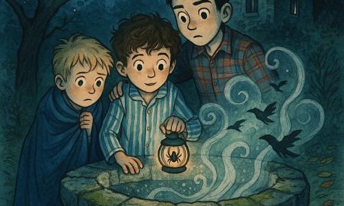 Trois garçons dans un jardin nocturne devant une vieille maison en pierre : Léon, ~8 ans, châtain bouclé, pyjama rayé, veilleuse araignée à la main, penché vers un puits ancien en pierres grises moussus au centre, visage curieux ; Basile, ~7 ans, blond en bataille, blotti sous une couverture bleue à gauche, prudent ; Malo, ~10 ans, grand, cheveux noirs courts, chemise à carreaux à droite, bras protecteur autour des autres, regard fixé dans le puits. Une pleine lune voilée éclaire argenté la scène, brume légère serpentant autour des racines et des feuilles mortes; du puits montent volutes de fumée argentée et silhouettes ombrées (corbeau, lune) qui suggèrent une histoire. Atmosphère de conte légèrement effrayant mais chaleureuse, illustration à l’encre colorée, lignes fines, lavis de bleus, verts et gris, ombres marquées et textures sur la pierre et les tissus.