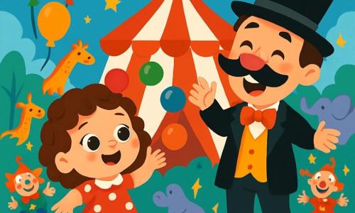 Une petite fille de 2 ans, Lili, sourit en essayant de jongler avec des balles colorées. Elle porte une robe rouge à pois blancs et des chaussures jaunes. Monsieur Pipo, un homme d'une cinquantaine d'années avec un chapeau haut de forme et une moustache amusante, l'encourage en riant. Le cirque est magique, avec des lumières scintillantes, des tentes rayées et des animaux colorés. Lili fait tomber les balles, provoquant des rires autour d'elle. L'atmosphère est joyeuse, pleine de couleurs vives et de sourires.